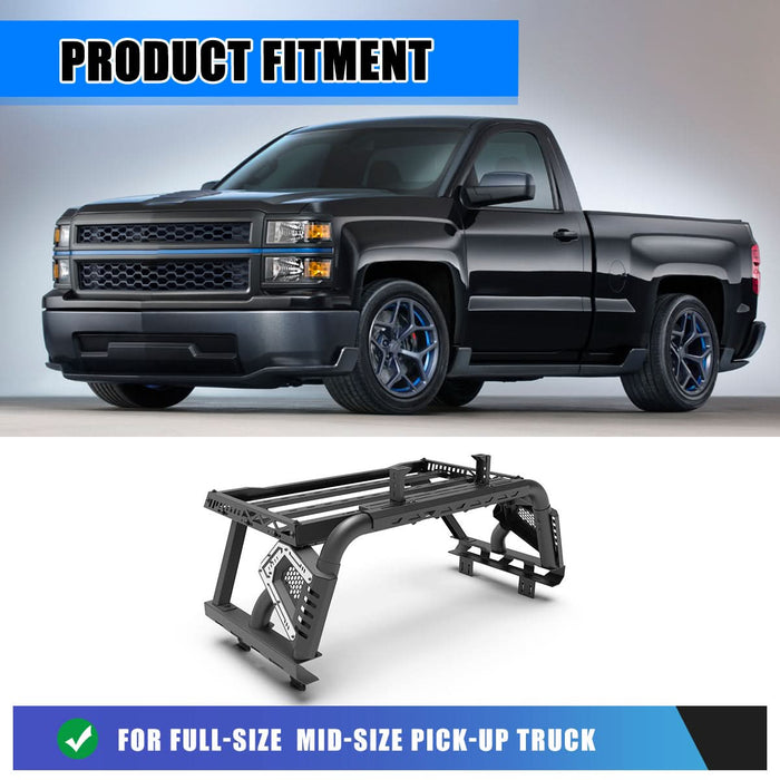 Wolfstorm Universal Adjustable Bed Rack Roll Bar for Pickup Trucks - Compatible with Mid-Size& Full-Size Models, Q235A Carbon Steel, Powder-Coated Black Finish, Multiple Mounting Options Available