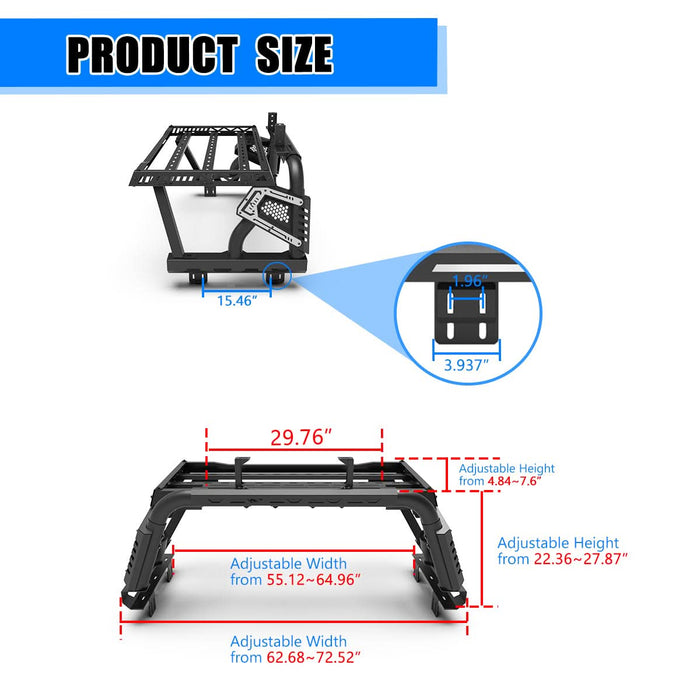 Wolfstorm Universal Adjustable Bed Rack Roll Bar for Pickup Trucks - Compatible with Mid-Size& Full-Size Models, Q235A Carbon Steel, Powder-Coated Black Finish, Multiple Mounting Options Available