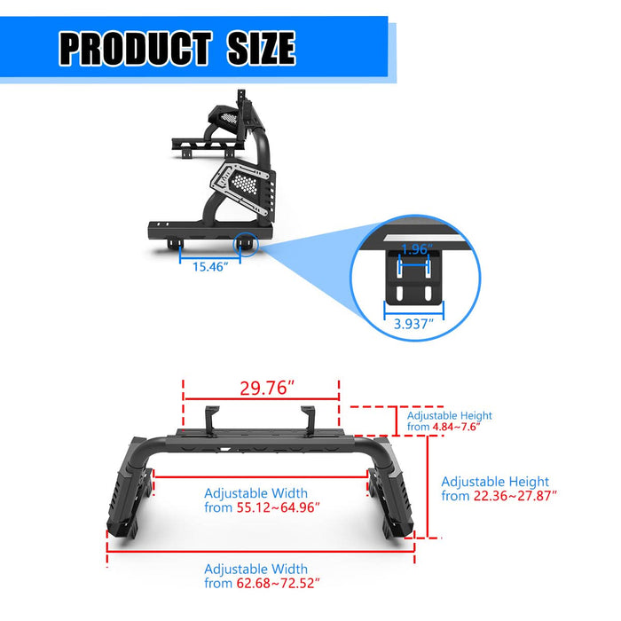 Wolfstorm Universal Adjustable Bed Rack Roll Bar for Pickup Trucks - Compatible with Mid-Size& Full-Size Models, Q235A Carbon Steel, Powder-Coated Black Finish, Multiple Mounting Options Available