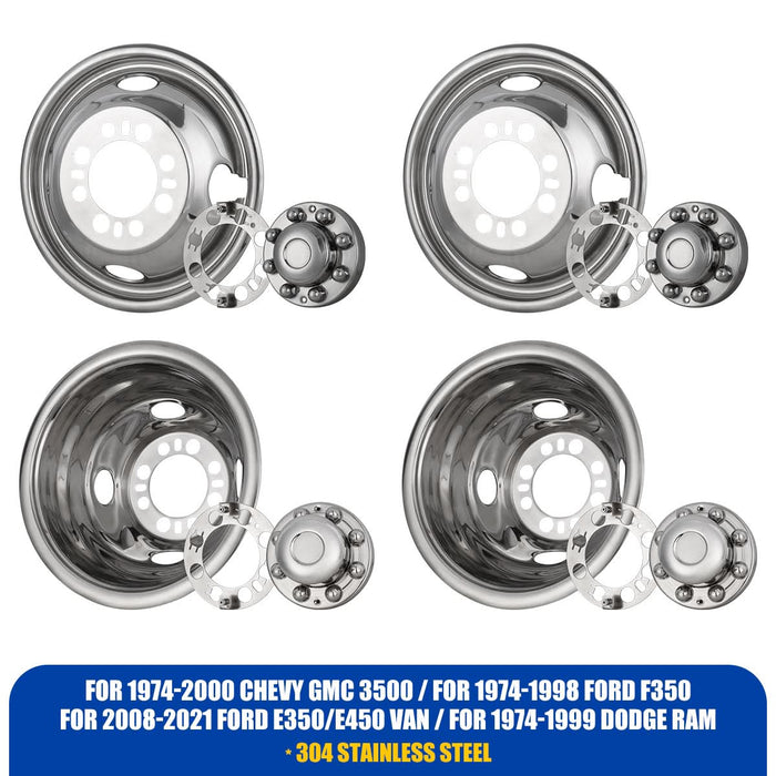 WOLFSTORM Stainless Steel Dually Hubcaps - 16 Inch for 1974-2000 Chevy/GMC 3500, 1974-1998 Ford F-350, 2008-2021 Ford E-350/E-450 Van, 1974-1999 Dodge RAM, Set of 4