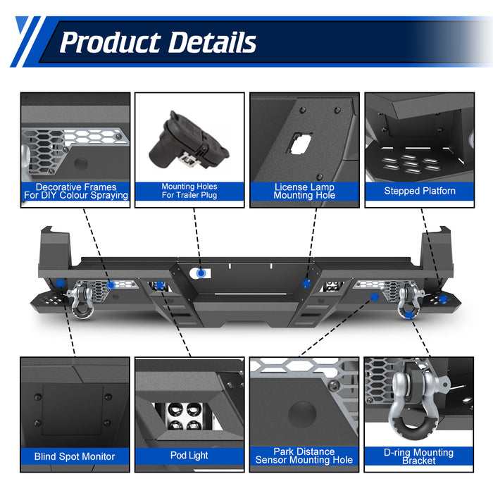 WOLFSTORM Rear Bumper for 2024 Toyota Tacoma, a set of 4 Inch LED Lights and a set of D-Rings Included