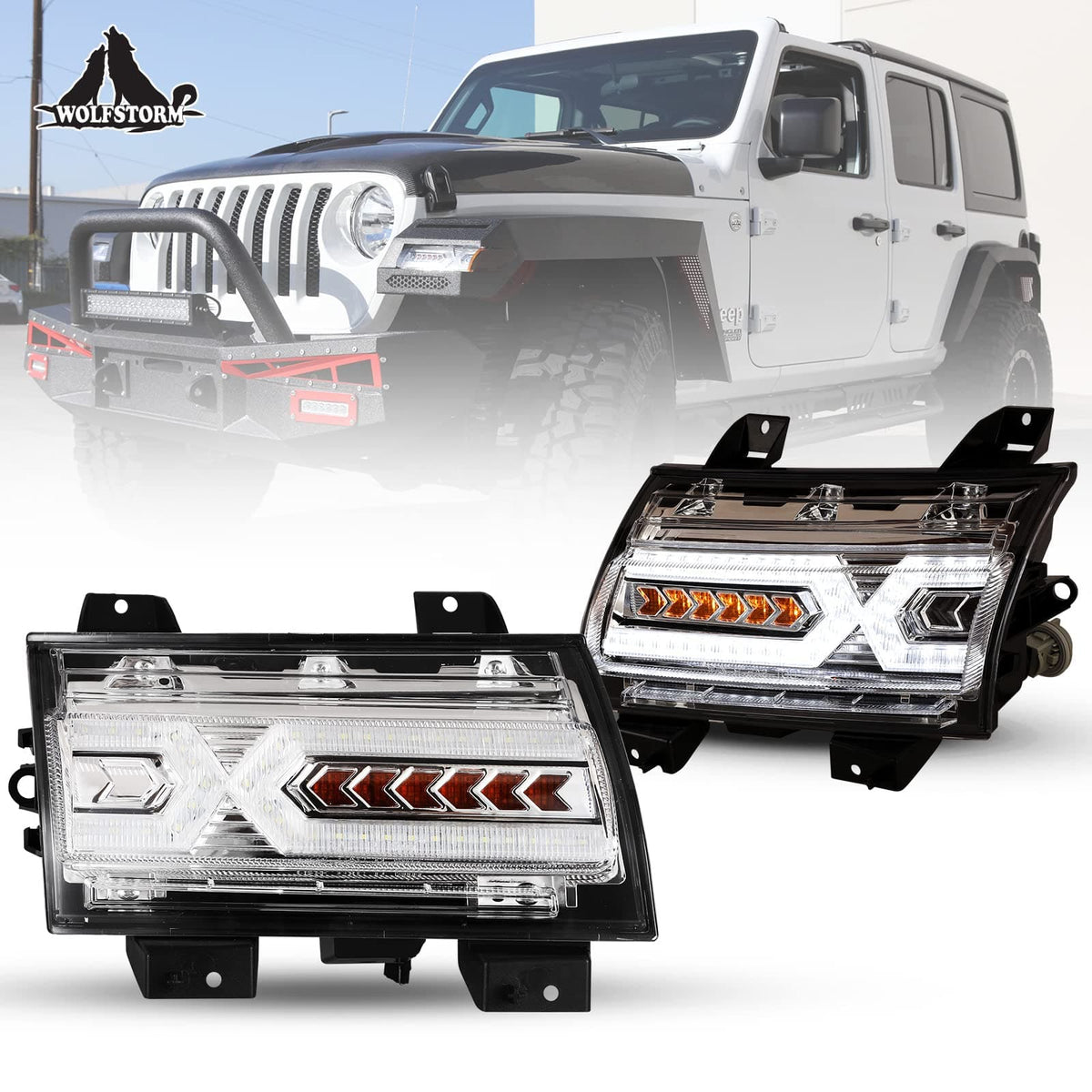 WOLFSTORM LED Fender Flares Sequential Turn Lights Assembly for 2018-2024  Jeep Wrangler JL/JLU and 2019-2024 Jeep Gladiator JT/JTU